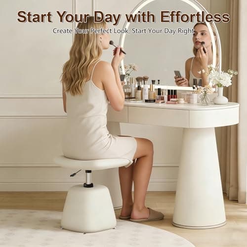 Modern Small Vanity Chair with Armless for Small Space, Entryway, Cute Swivel Makeup Chair with Adjustable Height, PU Leather Upholstered Home Office Desk Chair for Living Room, Bedroom, Vanity