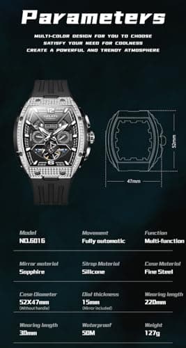 OLEVS GELATU Watch for Men Mechanical Luxury Diamond Watch Skeleton Automatic 50M Waterproof Sapphire Crystal Square Face Multi Calendar Function