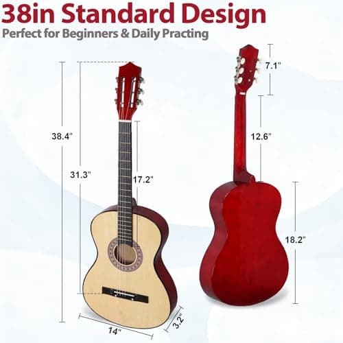 38 Inch Beginner Acoustic Guitar, 6-String Guitar Starter Kit for Starters with Gig Bag, Strings, Strap, Pitch Pipe and Pick, Natural