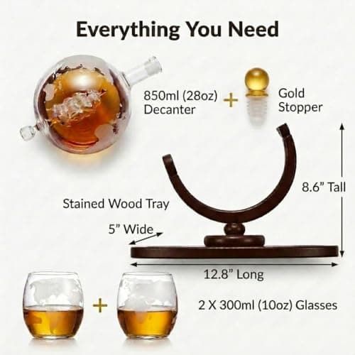 Gifts for Men, Whiskey Decanter Globe Set with 2 Etched Whiskey Glasses - for Liquor Scotch Bourbon Vodka, Gifts For Dad - 850ml