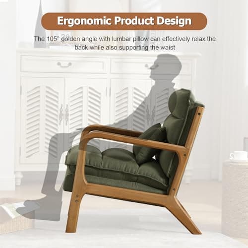 INZOY Mid Century Modern Accent Chair with Wood Frame, Upholstered Reading Armchair with Waist Cushion, Double Padded Accent Chair, Side Chair for Living Room Bedroom Office, Easy Assembly, Green