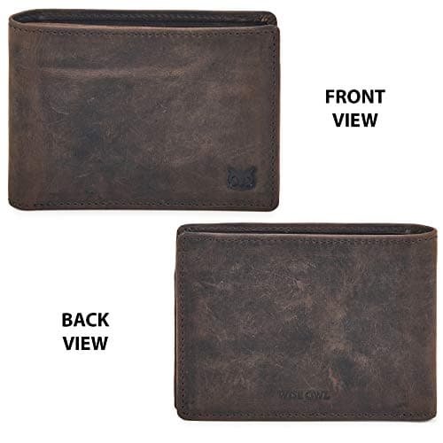 Wise Owl Accessories Real Leather Mens Bifold Wallet RFID Blocking Slim Minimalist Front Pocket - Thin & Stylish with ID Window in Gift Box (Crazy Horse, Coffee)