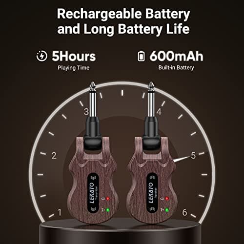 LEKATO Wireless Guitar System 5.8 Wireless Guitar Transmitter Receiver Rechargeable Audio Wireless Transmitter Receiver 4 Channels Transmission Range for Electric Guitar Bass (Grain)