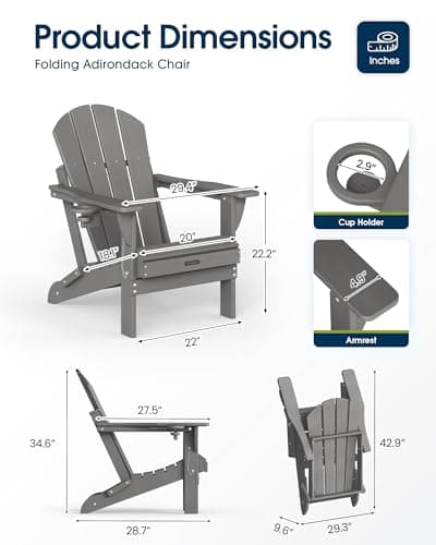 MUCHENGHY Folding Adirondack Chairs, Patio Chairs, Lawn Chairs, Outdoor Chair, Adirondack Chair Plastic, Fire Pit, Weather Resistant with Cup Holder for Deck, Backyard, Garden(Gray)