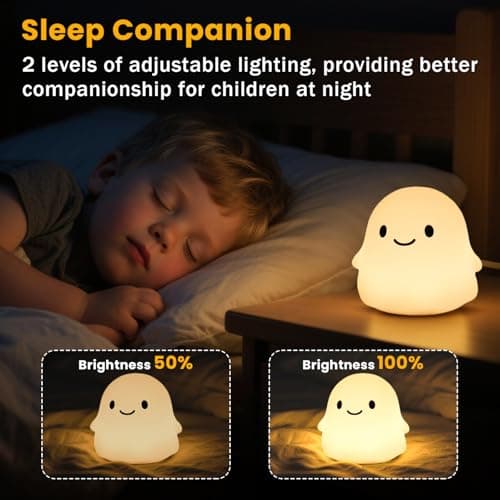 Ghost Night Light for Kids, Squishy Silicone Lamp - 50H Low/12H High, 2 Brightness, Tap-Control, USB Rechargeable, for Kids Halloween Decor & Nursery, Great Ghost Gifts