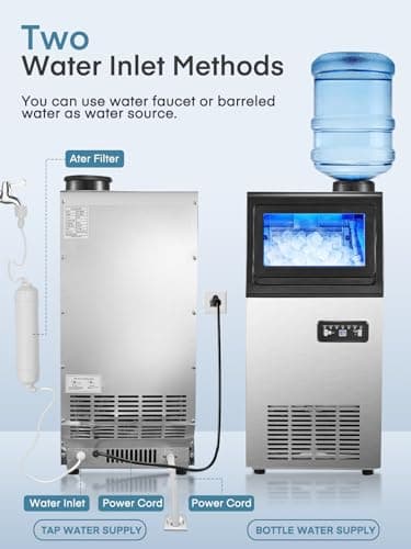 Commercial Ice Maker Machine, 100LBS/24H Freestanding & Undercounter Ice Machine with 2 Water Inlets, 40 PCS/Cycle and 24LBS Storage Bin, Stainless Steel, LED Display & Self-Cleaning for Home Bar