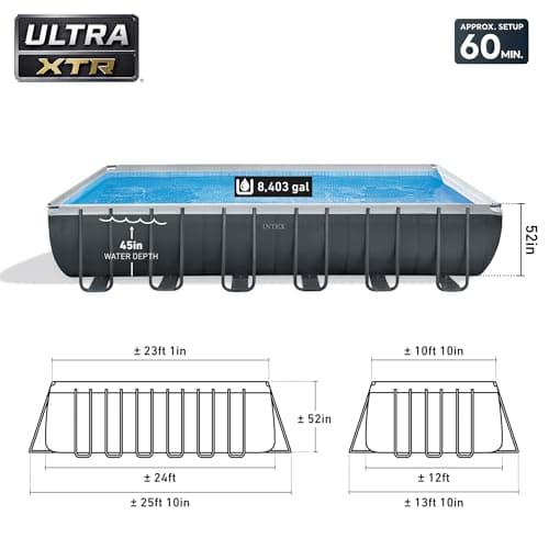 Intex 26367EH 24' x 12' x 52" Rectangular XTR Frame Swimming Pool w/ Filter Pump - Large Above Ground Backyard Rectangle Pool w/ 45-Inch Deep Water
