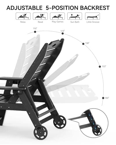 Carauci Lounge Chair Outdoor Set of 2, HDPE Chaise Lounge with Wheels, 5-Position Adjustable Backrest & 2 Cup Holders Patio Lounge Chair, All-Weather Pool Sun Lounger for Poolside, Backyard, Black
