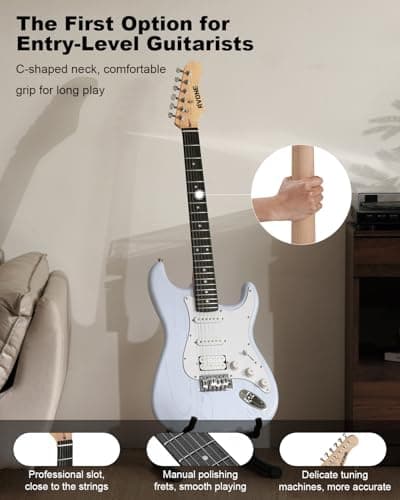 RVONE RST-150 39”Beginner Electric Guitar Kit with Amplifier, Classic HSS Pickup, Electric Guitar with Gig Bag, Capo, Strap, Extra Strings, Digital Tuner, 3 Picks, Cleaning Cloths (1-Blue)