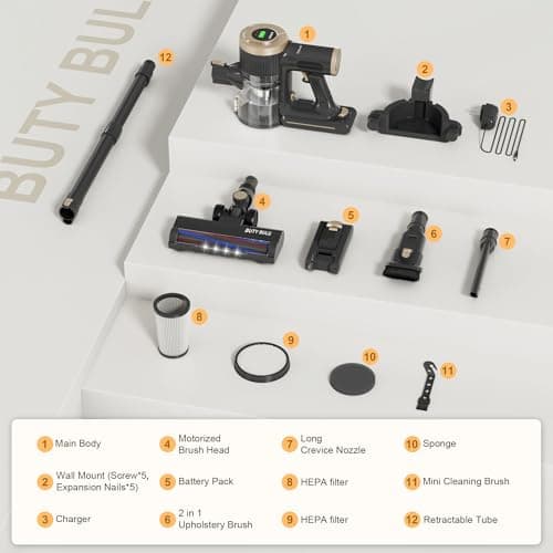 BUTY BULU Cordless Stick Vacuum Cleaner, 30KPa Handheld 2200mAh Rechargeable Battery Lightweight Small Vac Electirc Broom, 40Mins Runtime for Home Hard Floor Carpet Pet Hair Cleaning, LED Screen