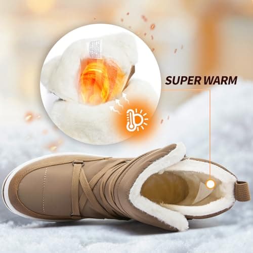 Rominz Women's Winter Snow Boots - Waterproof Black Fur Lined Warm Mid Calf Non-Slip Ankle Boots - White Lace-Up Platform