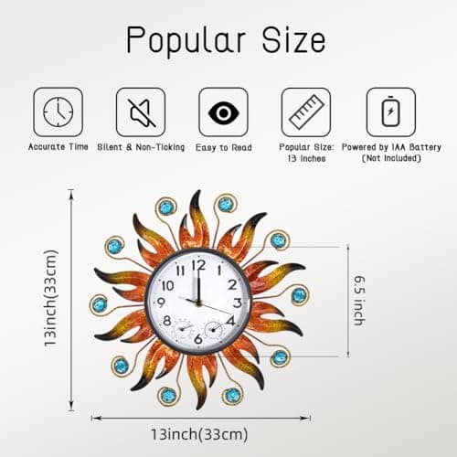 HOBYLUBY Sun Outdoor Clock with Thermometer and Hygrometer Combo, Silent No-Ticking Outdoor Wall Clock, Waterproof Quartz Clock for Patio, Living Room, Kitchen, Garden, 13 Inch