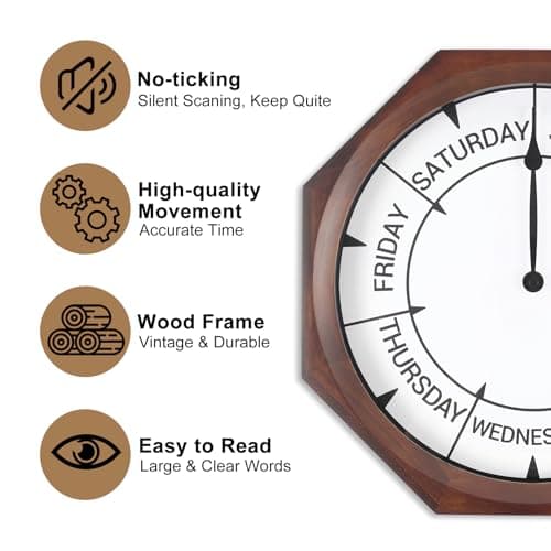 14 inch Wood Retirement Clock for Women Men, Day of The Week Wall Clock for Seniors, Funny Retirement Gifts for Father's Mother's Day Grandparents Birthday