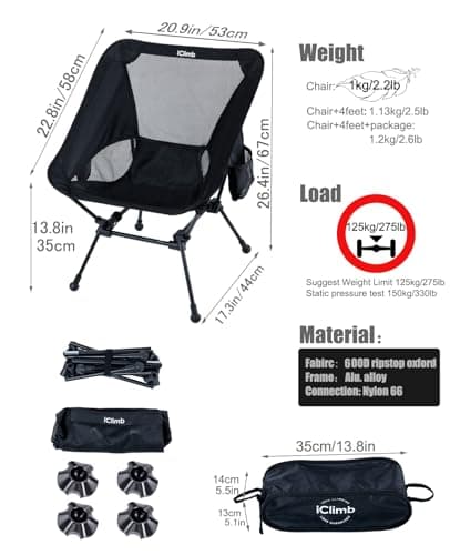 iClimb Ultralight Compact Camping Folding Beach Chair with Anti-Sinking Large Feet and Back Support Webbing (Black - Square Frame)