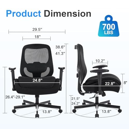 BOSMILLER Big and Tall Office Chair with Wide Thick Seat Cushion for Heavy People,700lbs Ergonomic Mesh Desk Chair with Adjustable Lumbar Support and Armrests for Adults Sitting All Day