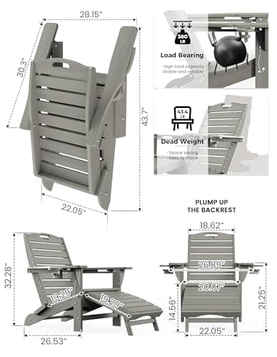 Ciokea Folding Adirondack Chair with Retractable Ottoman Fire Pit Patio Chair with Pull Out Foot Rest Weather Resistant Lawn Outdoor Lounge Chair with 2 Cup Holder (Grey)