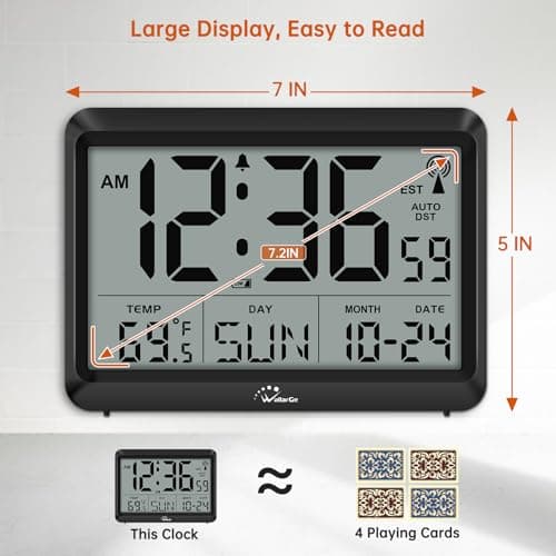 WallarGe Atomic Digital Wall Clock Battery Operated, Self-Setting, Large Display with Temperature, Date, Day of The Week, Silent Wall Mount Digital Clock, 4 Time Zones, DST