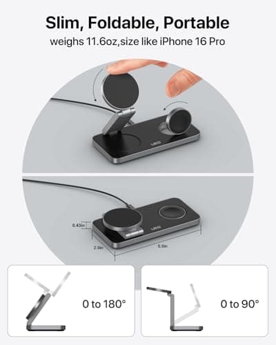 UEQ Foldable 3 in 1 Wireless Charging Station for Apple Magsafe Charger Stand,Fast Magnetic Wireless Charger Station for iPhone 17 Air 16 15 14 13 12 Series,Airpods Pro,Apple Watch Ultra (Pure Black)