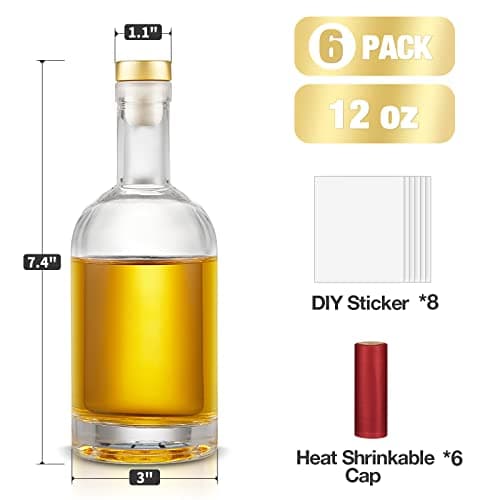Mfacoy Set of 6 Glass Bottles, 12 oz Clear Liquor Bottles, Heavy Base Glass Bottle with T-Top Cap, Vodka Bottle for Wine Beverages Drinks Oil Vinegar Kombucha Beer with Cork Stopper Airtight Lid