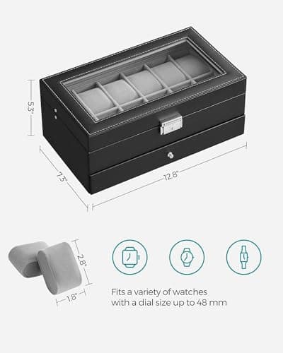 SONGMICS SONGMICS Watch Box, 12-Slot Watch Case Organizer with Large Glass Lid, 2 Layers, Removable Pillows, Metal Lock, Gift for Loved Ones, Black Synthetic Leather, Gray Lining UJWB012