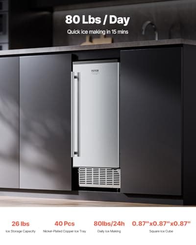 VEVOR Under Counter Ice Maker, 80 Lbs/Day Stainless Steel Built-in Ice Makers Machine with Drain Pump Reversible Door, 26lbs Storage Freestanding Ice Maker for Commercial Home Kitchen