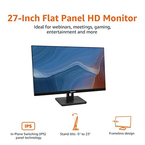 Amazon Basics IPS Monitor 75 Hz Powered with AOC Technology FHD 1080P HDMI, Display Port and VGA Input VESA Compatible Built-in Speakers for Office and Home, 27 in, Black