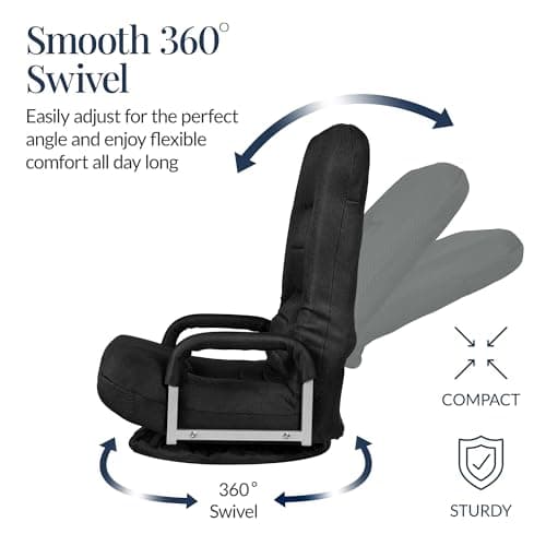 Best Choice Products Swivel Gaming Chair 360 Degree Multipurpose Floor Chair Rocker for TV, Reading, Playing Video Games w/Lumbar Support, Armrest Handles, Adjustable Foldable Backrest - Black/Black