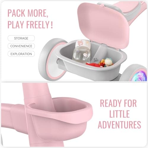 SEREED Colorful Lighting Toddler Tricycle for 2-5 Years Old Girls, Adjustable Seat&Handlebar Trike, Removable Basket, Birthday Gift Idea for Kids Ages 2+ (Pink)
