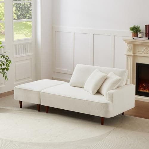 Upholstered Chaise Lounge Chair Indoor with Ottoman Boucle Chaise Lounge Fluffy Reading Chairs for Office Living Room Bedroom Relaxing (Boucle Biege)