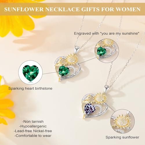 Iefil Christmas Gifts for Women Wife Mom - Sunflower Birthstone Necklace for Women, Anniversary Birthday Gifts 925 Sterling Silver Heart Pendant You Are My Sunshine Jewelry for Girlfriend Mom Daughter