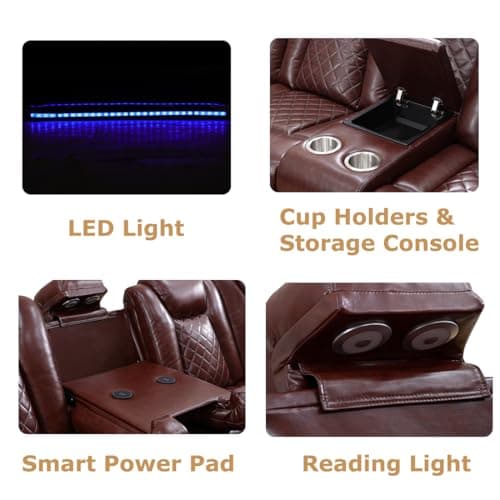 Toseslo Power Reclining Sectional Sofa Set with LED Light,Leather Sectional Couches, Living Room Furniture Sets, Modern Power Recliner Sofa Sets with Cup Holder for Living Room(Brown)