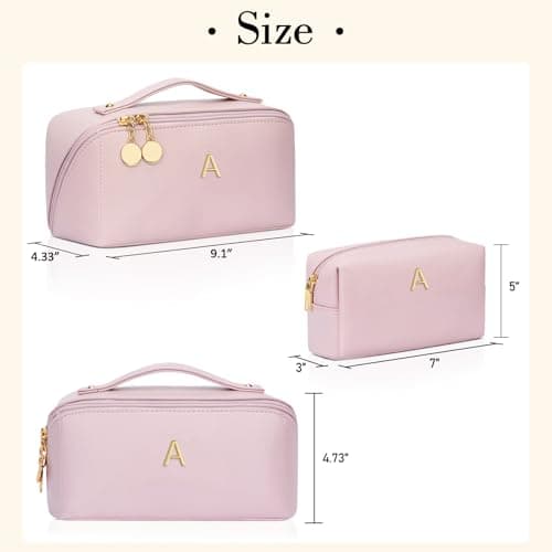 Waterproof PU Leather, Open Flat Design Cosmetic Bag, Multiple Compartments Travel Toiletry Bag (Pink, A) Initial Makeup Bag Personalized Gift for Women Teen Girls B0F26C313Y