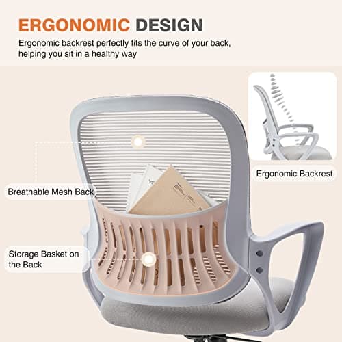 Sweetcrispy Ergonomic Mid-Back Mesh Home Office Desk Chair with Wheels, Managerial Executive Chair with Lumbar Support, and Comfortable Armrests for Home, Bedroom, Study, Office, Grey