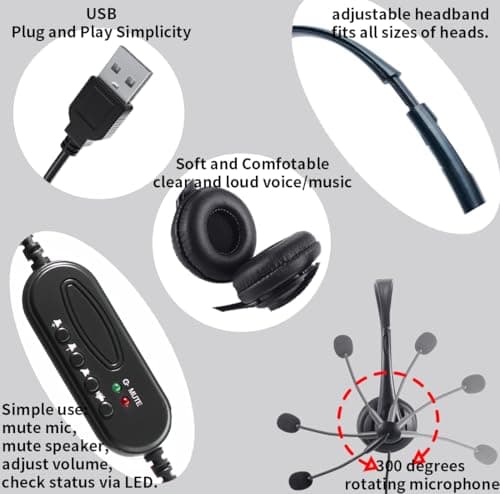 321Wasay Computer USB Headset with Mic, Wired Headphones with Microphone for PC, Laptop (Black Slender)