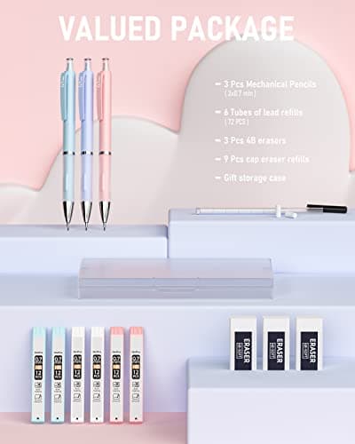 Nicpro 3PCS Cute Mechanical Pencil Set with Case, 0.7 mm Pencils with 6 Tube HB Lead Refill, 3PCS Eraser, 9PCS Eraser Refill for School Supplies Student Writing, Drafting Drawing Sketching