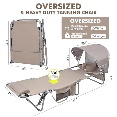Oversized Extra Wide Tanning Chair with Sun Canopy Face Hole Padded Adjustable Washable, Heavy Duty Layout Folding Lounge Chair for Outside Beach Reading Sunbathing, UPF 50+, XL, Plus Size, 330 LBS