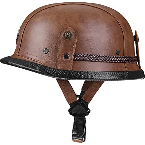 Yesmotor Motorcycle Half Helmet Retro German Handmade Leather Half Face Quick Release Buckle & Goggles - DOT Approved (Dark Brown, L)