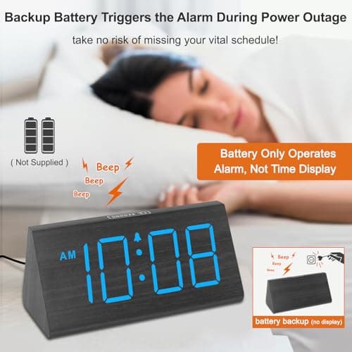 DreamSky Wooden Digital Alarm Clocks for Bedrooms - Electric Desk Clock with Large Numbers, USB Port, Loud Alarm for Heavy Sleepers, Adjustable Volume, Dimmer, DST, Wood Décor Gifts, Adapter Powered
