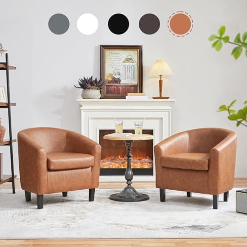 Yaheetech Brown Accent Chairs Set of 2, Faux Leather Barrel Chairs, Comfy Modern Leather Club Armchairs with Soft Seat for Living Room Bedroom Reading Waiting Room