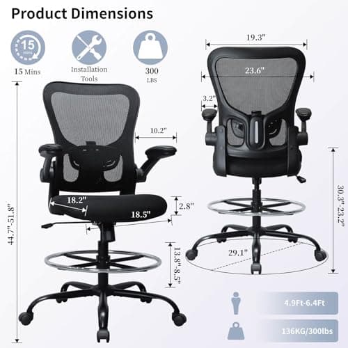 Drafting Chair, Ergonomic Tall Office Chair for Standing Desk, Counter Height Desk Chair with Adjustable Padded Armrests and Footrest Ring Standing Desk Chair Adjustable Height with Lumbar Support