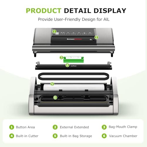 Bonsenkitchen Vacuum Sealer for Food, Easy-Lock Handle Vacuum Sealer Machine with Bag Clip, Built-in Cutter and Bag Storage for Sous Vide and Meal Prep, 1 Roll Bag & 10 Pre-Cut Bags, Silver