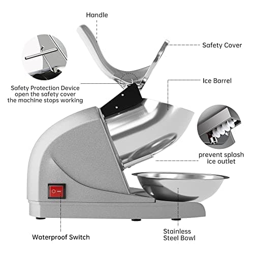 OKF Ice Shaver Prevent Splash Snow Cone Machine, Electric 3 Blades Shaved Ice Machine, 380W Ice Shaver Machine, 286lbs/hr Ice Crushers for Home Use, Ice Crusher with Free Ice Pick (Silver)