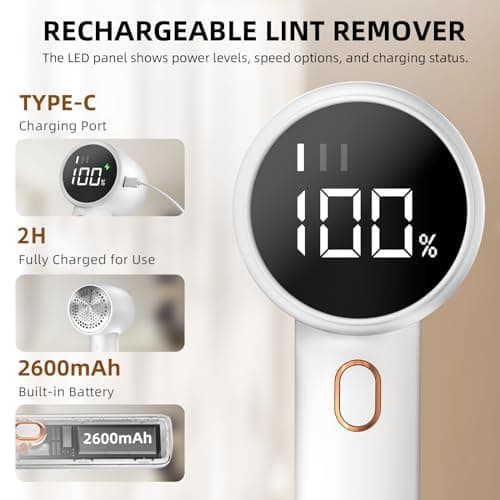 Fabric Shaver, Lint Remover Rechargeable, Electric Portable Sweater Defuzzer with 3 Speeds, 6 Leaf Blades, Digital LED Display to Remove Pilling for Clothes, Furniture, Sweater, Couch, Blanket