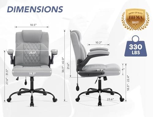 Office Chair with Adjustable Inflatable Lumbar Support,Leather Ergonomic Computer Desk Chair with Flip-up Arms,Adjustable Tilt Lock,Swivel Rolling Executive PC Chair for Work,Study,Meeting.Grey