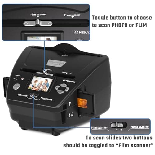 Photo and Slide Scanner with 2.4” LCD Screen, Convert Negatives & Slides 35mm/135 Film, Photo(3R,4R,5R), Business Card to 22MP JPEG Digital Photos, 4GB SD Card Included