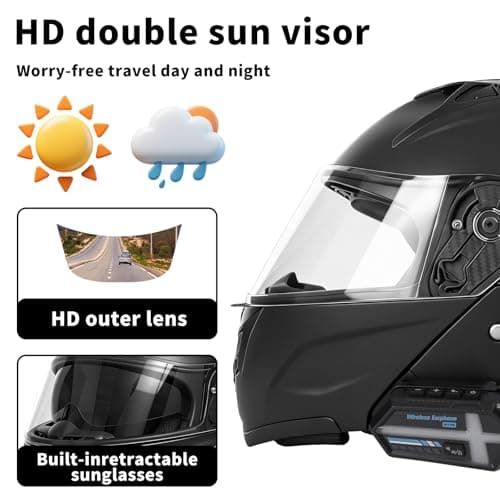 Bluetooth Modular Motorcycle Helmets with Tail Lights, DOT Certified Flip-Up Dual Visor Full Face Helmets for Men & Women Moto ATV UTV Snowmobile ADV Four Wheeler Street Bike