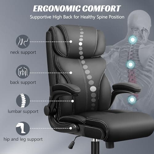 HeroSet Office Chair, Ergonomic Big and Tall Computer Desk Chairs, Executive Breathable Leather Chair with Adjustable Flip-up Armrests, Lumbar Support Swivel PC Chair with Rocking Function