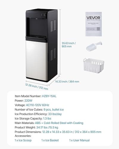 VEVOR Water Dispenser with Ice Maker, 3-in-1 Floor-Standing Water Dispenser, 33 LBS/24H, 9 Cubes/7 Min Fast Ice Making with 1.3 LBS Storage, Bullet Ice-Cubes & Cold-Water, for Home, Kitchen, Party