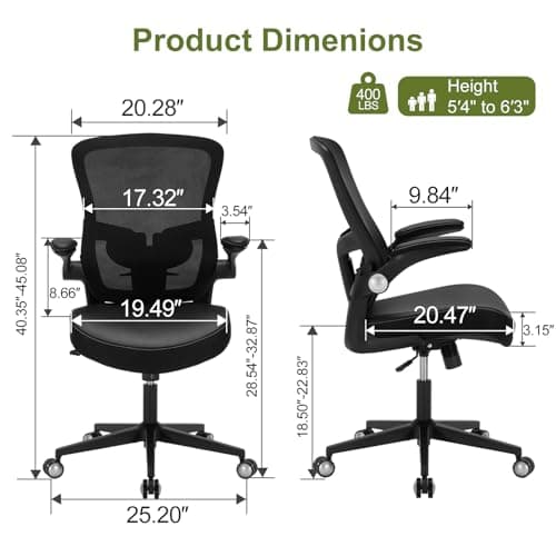 Ergonomic PU Leather Office Chair, 400lbs Weight Capacity, Breathable Mesh Back, Adjustable Height & Flip-Up Arms, Heavy Duty Computer Desk Chair for Home & Office, Black