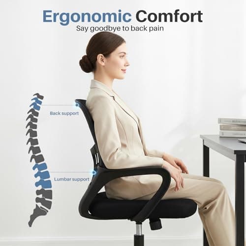 DUMOS Home Office Computer Chair - Ergonomic Mid Back Desk with Lumbar Support and Rocking Mode, Height Adjustable with Fixed Armrest, for Conference Meeting Room, 360° Swivel, Adults, Black